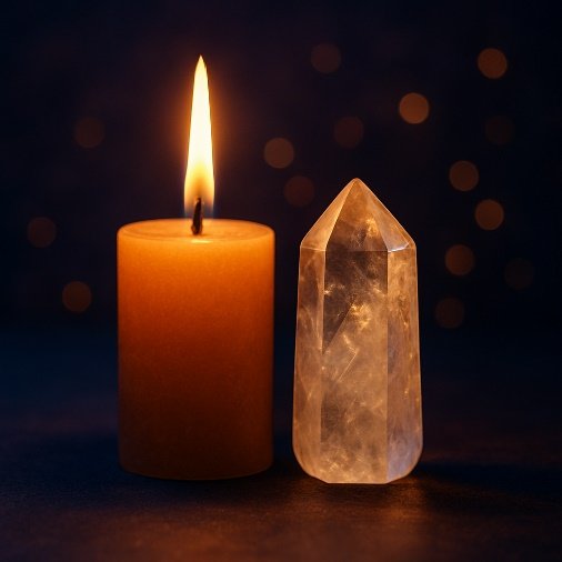 Candle healing still life with crystal and warm flame